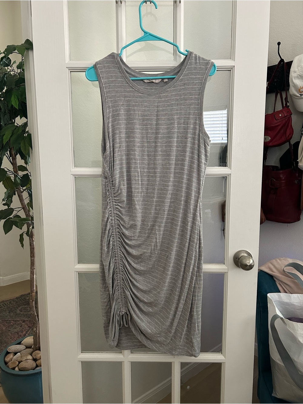 Athleta Gray Striped Ruched Midi Dress